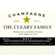 Label design for a bottle of champagne featuring the text "Champagne," "The Cleary Family," and "Wishing you a wonderful Christmas and a happy new year!" Includes details such as alcohol content, origin, and production information. The background is light with black text and a gold star accent. Label design for a bottle of champagne featuring the text "Champagne," "The Cleary Family," and "Wishing you a wonderful Christmas and a happy new year!" Includes details such as alcohol content, origin, and production information. The background is light with black text and a gold star accent.